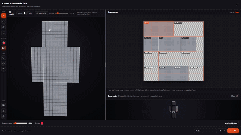 Editing a skin in the built-in skin maker