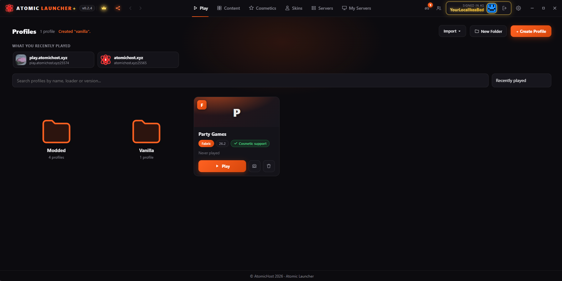 Atomic Launcher profiles screen